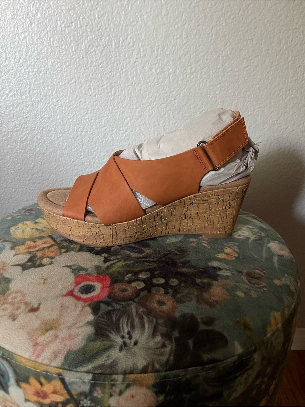 CL by Laundry Cognac Leather Crisscross Wedge Sandals